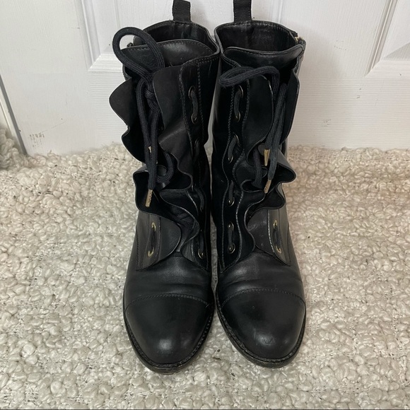 VALENTINO Garavani Black Leather Ruffle Lace Up Combat Boots with Gold 7.5 - Picture 2 of 11
